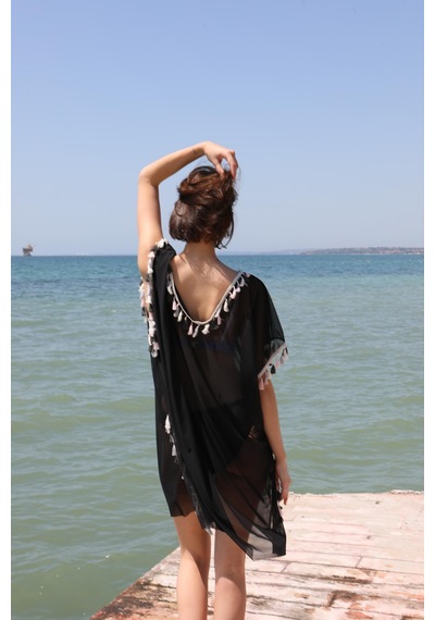 Modi Moda Çizgi Kadın Püsküllü Tunik Pareo Plaj Elbisesi Siyah 38050
