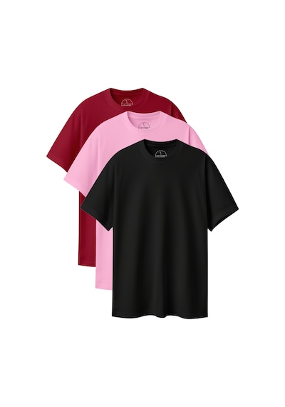 Velvoria Unisex Oversize Basic 3'lü Bordo Pembe Siyah Renk T-shirt Çok Renkli13