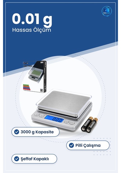 Hassas Tartı 3000g 0.01g Mini Dijital Terazi Şeffaf Kapaklı Pilli