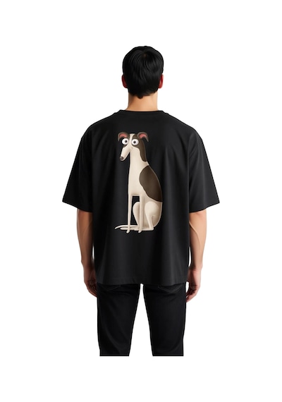 Paybuy Erkek Oversize Tişört Komik Köpek Baskısı Çizgi Sanatı Stil Grafi Siyah