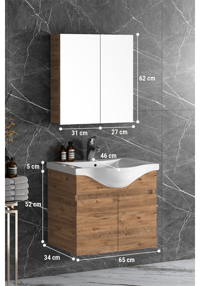 Yıldız 65 Cm Atlantik Çam Mdf Seramik Lavabolu Asma Banyo Dolabı Takımı