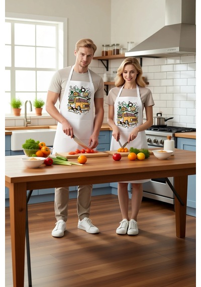 Unisex Mutfak Aşçı Önlüğü Yemek Aracı Sevimli Karakter Baskılı Ra Beyaz