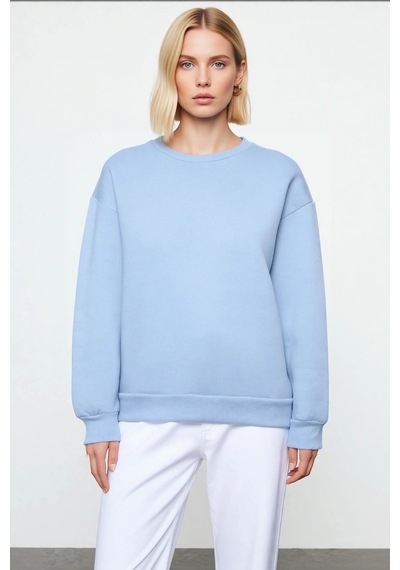 Benerly Kadın Bisiklet Yaka Düşük Kol Regular Kalıp Örme Sweatshirt Fonks Açık Mavi