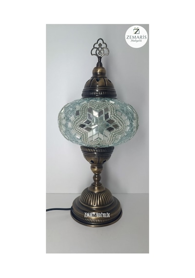 El Yapımı Otantik Mozaik Masa Lambası Büyük Camlı Beyaz - 820080860 Beyaz