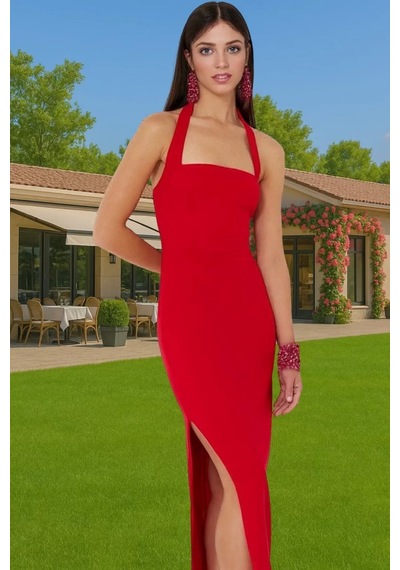 Ersefa Kadın Bodycon Midi Elbise Kare Yaka Finike Dokuma Yazlık Şık Elbi Kırmızı