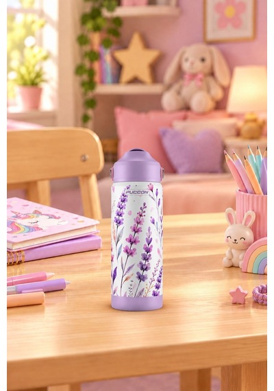 Puccon 540 Ml Çiçek Desenli Lila - Mor Kız Çocuk Pipetli Çelik Termos Matara/suluk - 60055