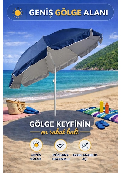 Lacivert-bej 200 Cm Ayarlanabilir Fon Model Plaj Şemsiyesi