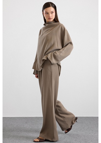 Olcay Degaje Yaka Oversize Pantolon Bluz İkili Takım Haki 9483-tk