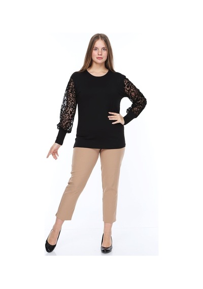 Flok Kol Büyük Beden Bluz 18A-0848 Siyah