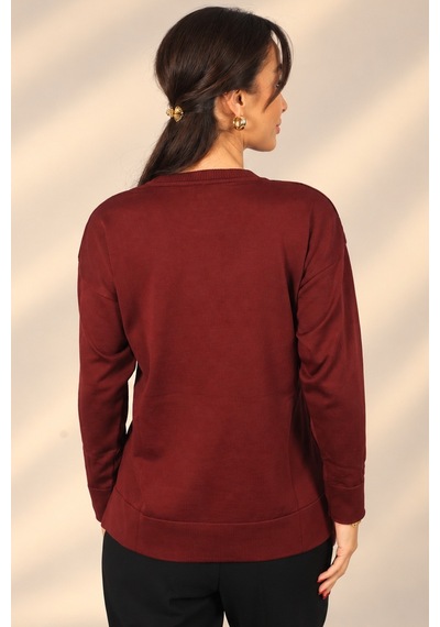 By Saygı Kadın Harf Desenli Uzun Kollu Triko Bluz Bordo
