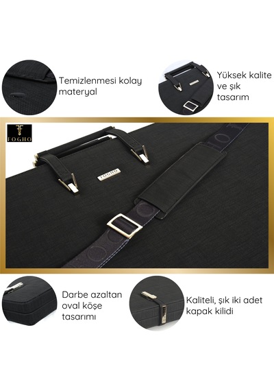 Fogho A3 Boy Siyah Lüks Proje Çantası - Deri Sanat Çantası Ve San