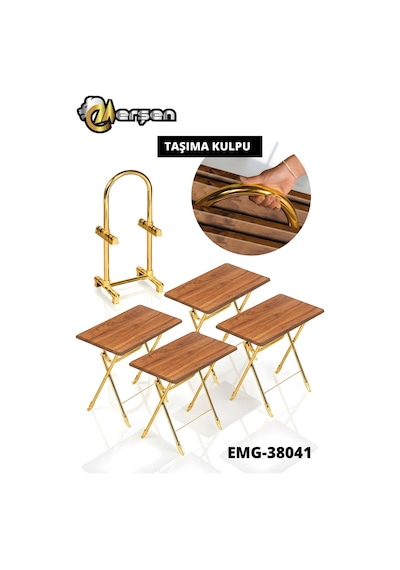 Eranş Serisi 4'lü Katlanır Mdf Mebran Ahşap Çanta Zigon Sehpa Gold Ayak Ceviz Gold Ayak