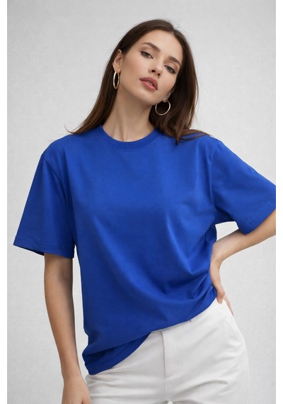 Kadın Saks Mavi %100 Pamuk Oversize Basic Tişört Rahat Kalıp Relaxed Bisiklet Yaka T-shirt Saks Mavi