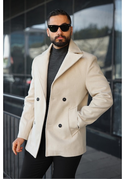 Premium Kruvaze Orta Boy Kaşe Kaban Krem