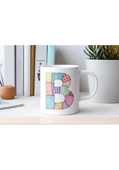 B Harfi Renkli Yamalı Tasarım Kupa Bardak - Bohem Patchwork Desenli Kupa - Etnik Hediyelik Beyaz
