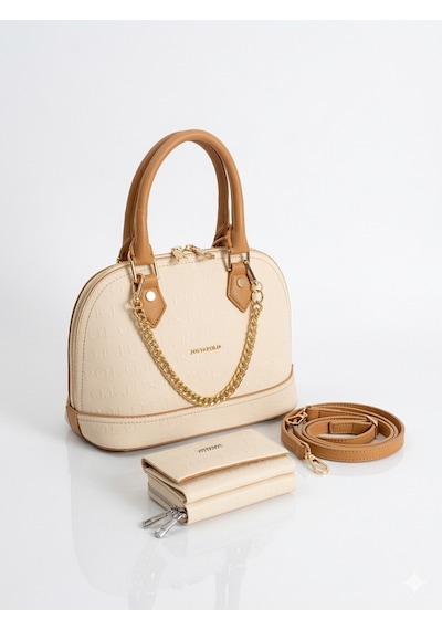 Just Polo Kadın Zincir Detaylı Lüks El & Omuz Çantası Ve Cüzdanı Kombin Shopper Ebat : 25x22 Cm Krem - Camel