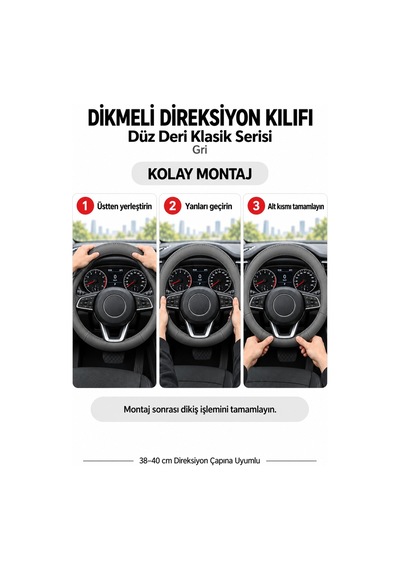 Trobus Renault Kangoo 2024 Ve Sonrası Uyumlu Dikmeli Direksiyon Kılıfı Düz Deri Klasik Gri