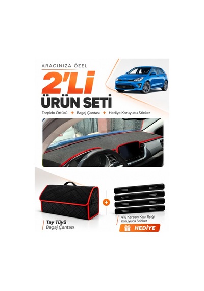 E-biz Kia Rio 2019-2024 Uyumlu Torpido Örtüsü + Tay Tüyü Bagaj Çantası - Siyah-kırmızı - Kı014