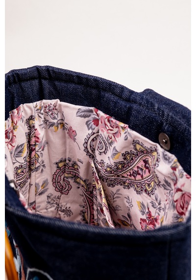 Fabric Craft Bag El Çantası Kot Kumaş Ahşap Saplı Kelebek Nakışlı İçi Astarlı Mıknatıslı 38x30 Cm Kot Lacivert