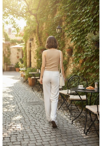 Kadın Bej Geniş Askılı Crop Bluz