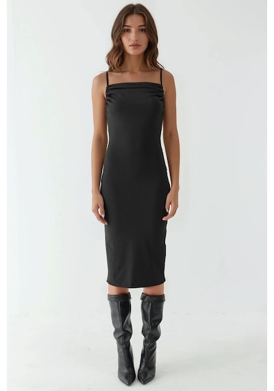 Hiccup Degaje Yaka Bodycon Midi Elbise Siyah