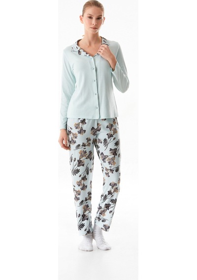 Fullamoda Yaprak Desenli Gömlek Yaka 2 Li Pijama Takımı 24mıcg631216553-buz Mavi Buz Mavi