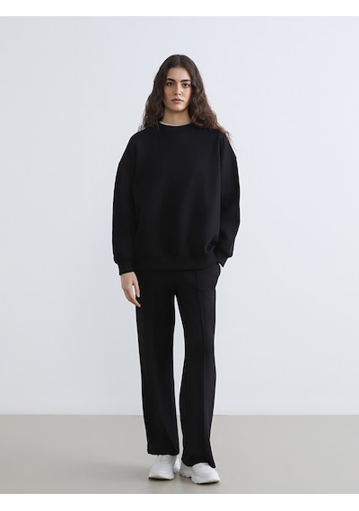 Lcw Vision Siyah Bisiklet Yaka Oversize Kadın Kalın Sweatshirt