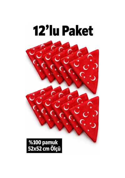 Herşeynota 12 Li Türk Bayrağı Desenli Kırmızı %100 Pamuk Fular Bandana 52x52 Cm Okul Tören Etkinlik Çok Renkli