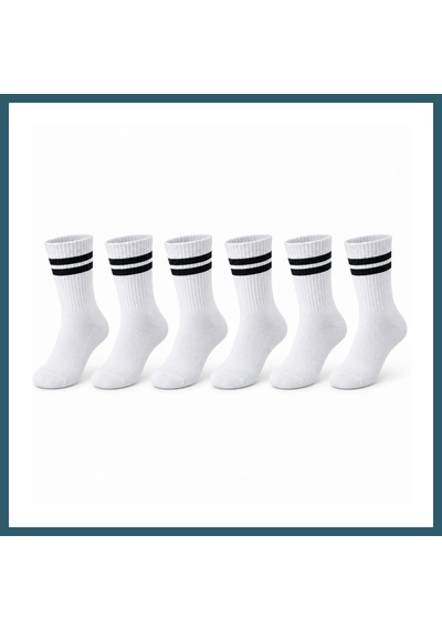 Bezos Unisex Beyaz Çorap Siyah Çizgili 6'lı Set Uzun Soket Günlük Spor Kolej Stil Rahat Kadın Erkek Çorabı Ob