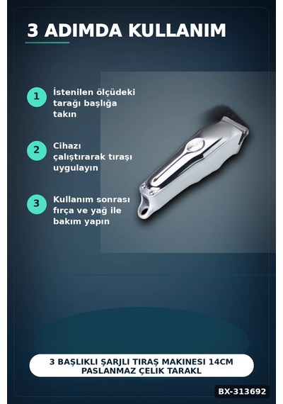 3 Başlıklı Şarjlı Tıraş Makinesi 14cm Paslanmaz Çelik Taraklı Ense Sakal Saç İçin Bx-313692