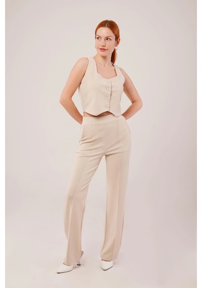 Defymoda Kalın Askılı Düğmeli Yelek Ve Pantolon Bej Takım Bej Defymoda Kalın Askılı Düğmeli Yelek Ve Pantolon Bej Takım Bej