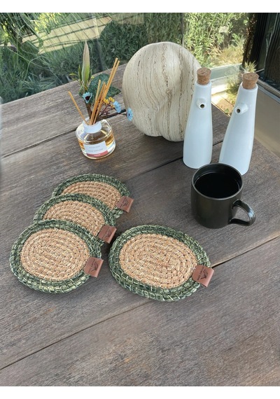 4 Adet Oval Dekoratif Bardak Altlığı Seti - Yuvarlak , Leke Tutmaz - Naturel-yeşil 13x17 Cm Yeşil