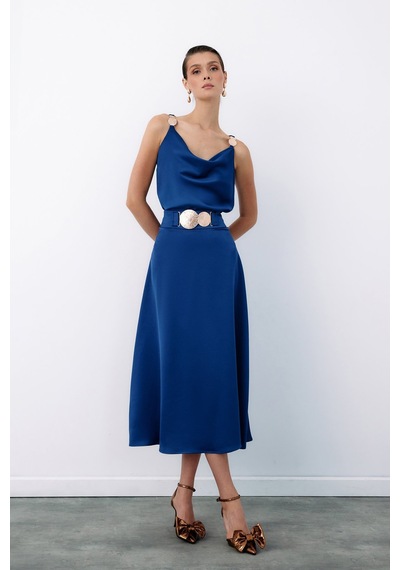 Sateen Kemer Aksesuarlı Kloş Etek - Lacivert-135073 Lacivert