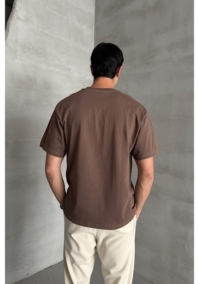 Hyman Erkek %100 Pamuk Oversize Basic T-shirt Kahverengi