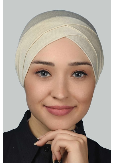 Altobeh Dört Bantlı Çapraz Dış Tesettür Bonesi Hazır Türban Penye - Krem