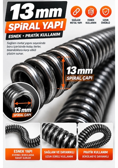 13 Mm 10 Metre Kanal Açıcı Spiral Ahşap Saplı Manuel Gider Açma Teli, Lavabo Ve Boru Temizleme S