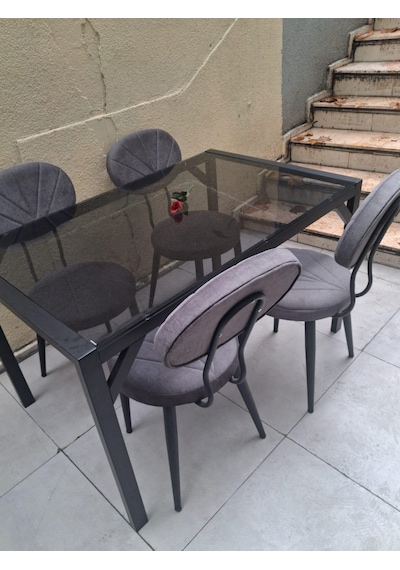Masa 90550 Cam Metal Siyah Ayak Füme Cam Temperli 8mm Sabit Masa 4 Adet Sandalye Takım Siyah Masa 90550 Cam Metal Siyah Ayak Füme Cam Temperli 8mm Sabit Masa 4 Adet Sandalye Takım Siyah