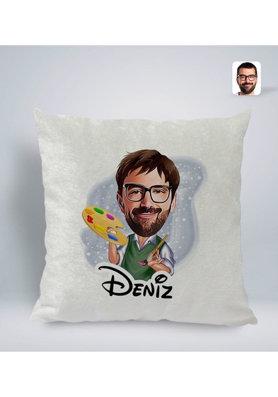 Bk Gift Kişiye Özel İsimli Erkek Ressam Karikatürlü Kare Araç Koltuk Yastığı-1 Çok Renkli