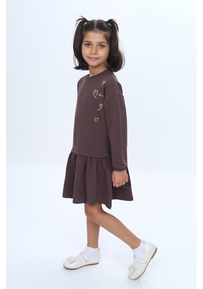 Toontoy Kids Toontoy Kız Çocuk Şeritli Kalp Nakışlı Elbise Kahverengi