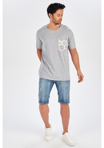 Peraluna Cep Desenli Düz Kesim Açık Gri Pamuklu Erkek T-Shirt-Gri