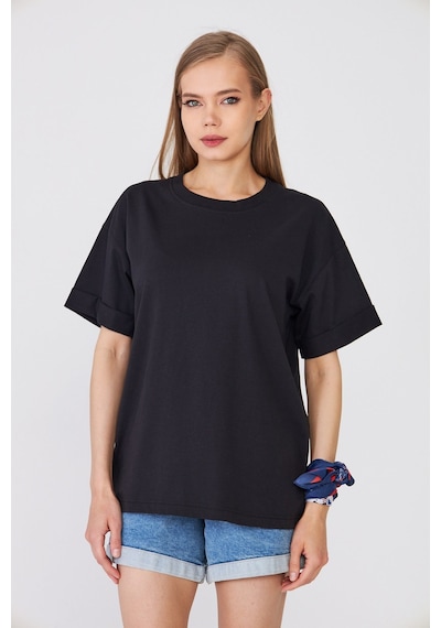 Hdm Kadın Siyah Basic Oversize %100 Pamuklu Rahat Kesim Günlük Tişört - H6041