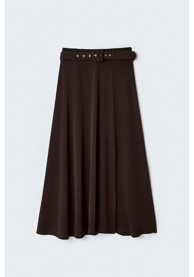Sateen Kemerli Yırtmaç Detaylı Kloş Etek - Kahve-137414