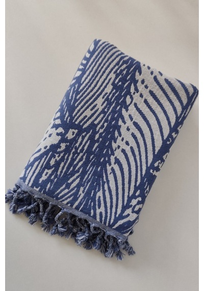 Jakarlı Müslin Peştemal-yaprak Desen-90x170 Cm Indıgo Indigo