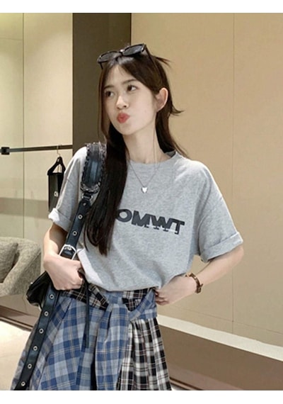 Fromwt T-shirt - Gri Baskılı Oversize Bisiklet Yaka Kısa Kol Gri