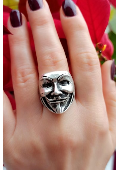 Antik Gümüş Kaplama V For Vendetta Şekilli El Yapımı  Ayarlanabili Gümüş