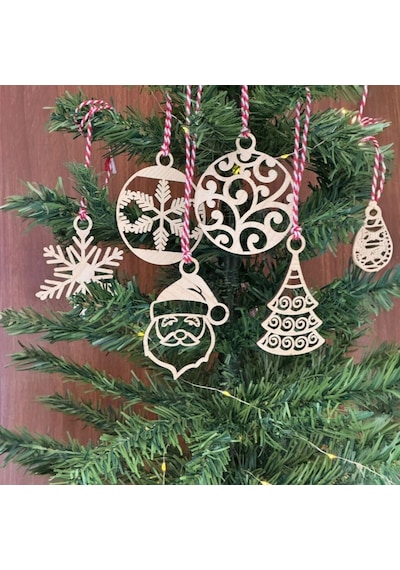 6 Parça Kırmızı Beyaz İpli Noel Babalı Ve Kar Tanesi Model Ahşap