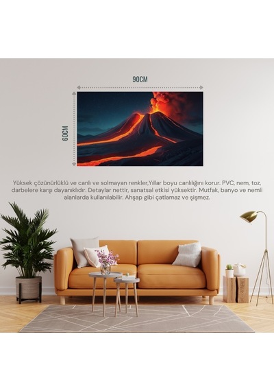 Doğa Ve Manzara Yatay Yıldızlı Gecede Parlayan Lavlarla Patlayan Yanardağ 01 Çerçevesiz 90x60cm Pvc Tablo