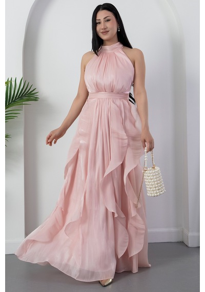 Kalopya Halter Yaka Eteği Fırfırlı Saten Elbise Eli6073 Pembe