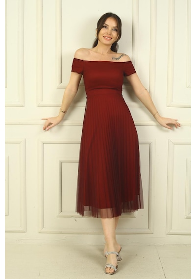 By Saygı Madonna Yaka Astarlı Eteği Şifon Pilisoley Elbise-40139 Bordo