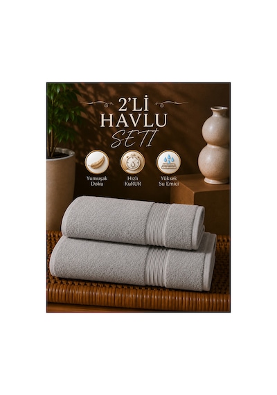 2 Li Banyo Havlu Seti 70x140 + 50x90 Yumuşak Dokulu Yüksek Emici Banyo Ve El Yüz Havlusu Takımı Gri